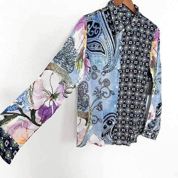 APNY Button Up Silky Blouse with Roll Up Sleeve Paisley Patchwork New Size Mediu - Picture 6 of 10